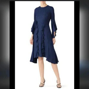 Great Jones Navy Blue Jacquard Leopard Printed Ruffle Bell Sleeves Midi Dress(4)